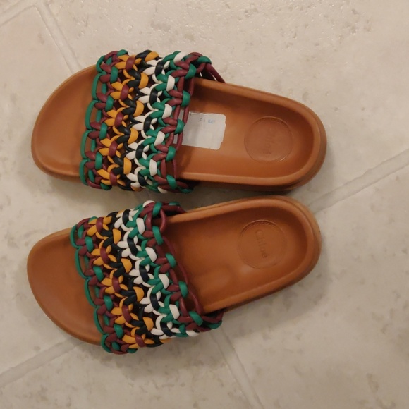 New Chloe Multi Colorful Wavy Woven Leather Platform Slide Sandals Sz 38 - Picture 7 of 11